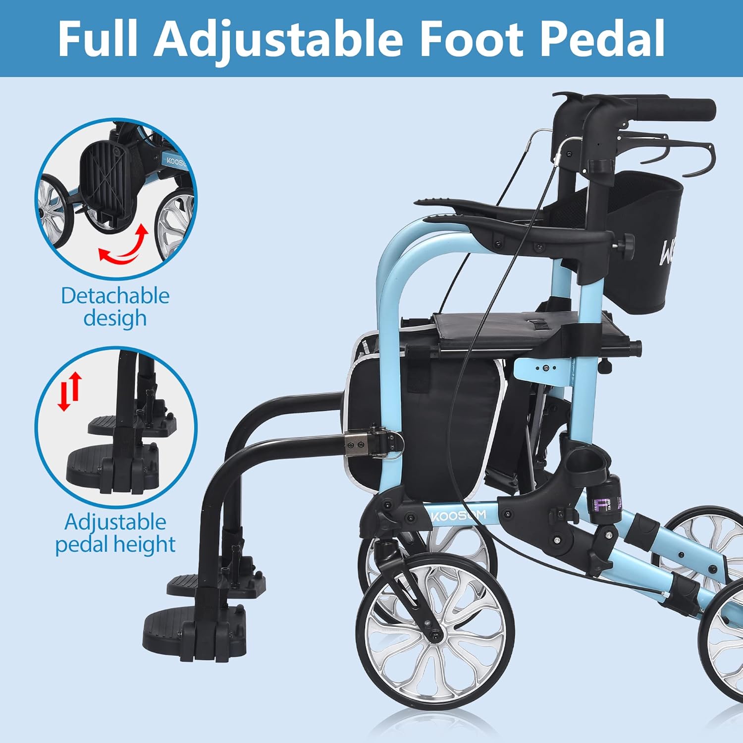 2 in 1 Rollator Transport Walker Chair with 10 inch Wheels - Medical 4 Wheel Chair Combo with Seatwith Footrest