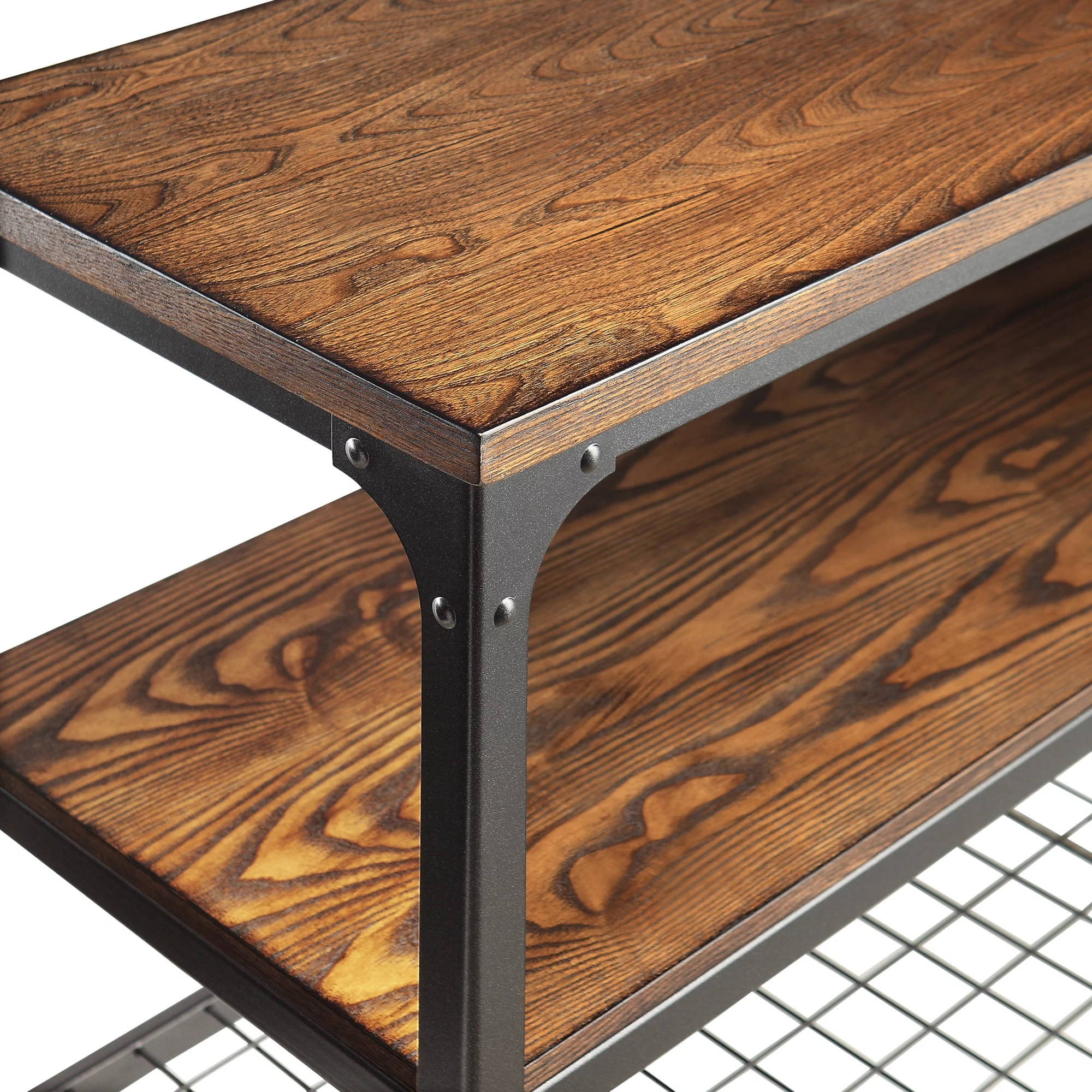 Weston Home Avery Industrial Wood and Metal Console Table with Wheels, Black/Brown Finish