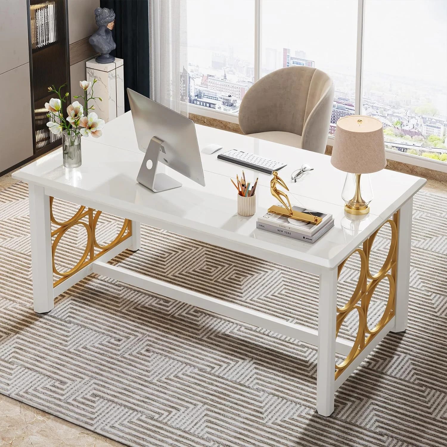 63 Inch Executive Desk, Modern Office Desk with Gold Metal Legs, Large Computer Desk for Home Office
