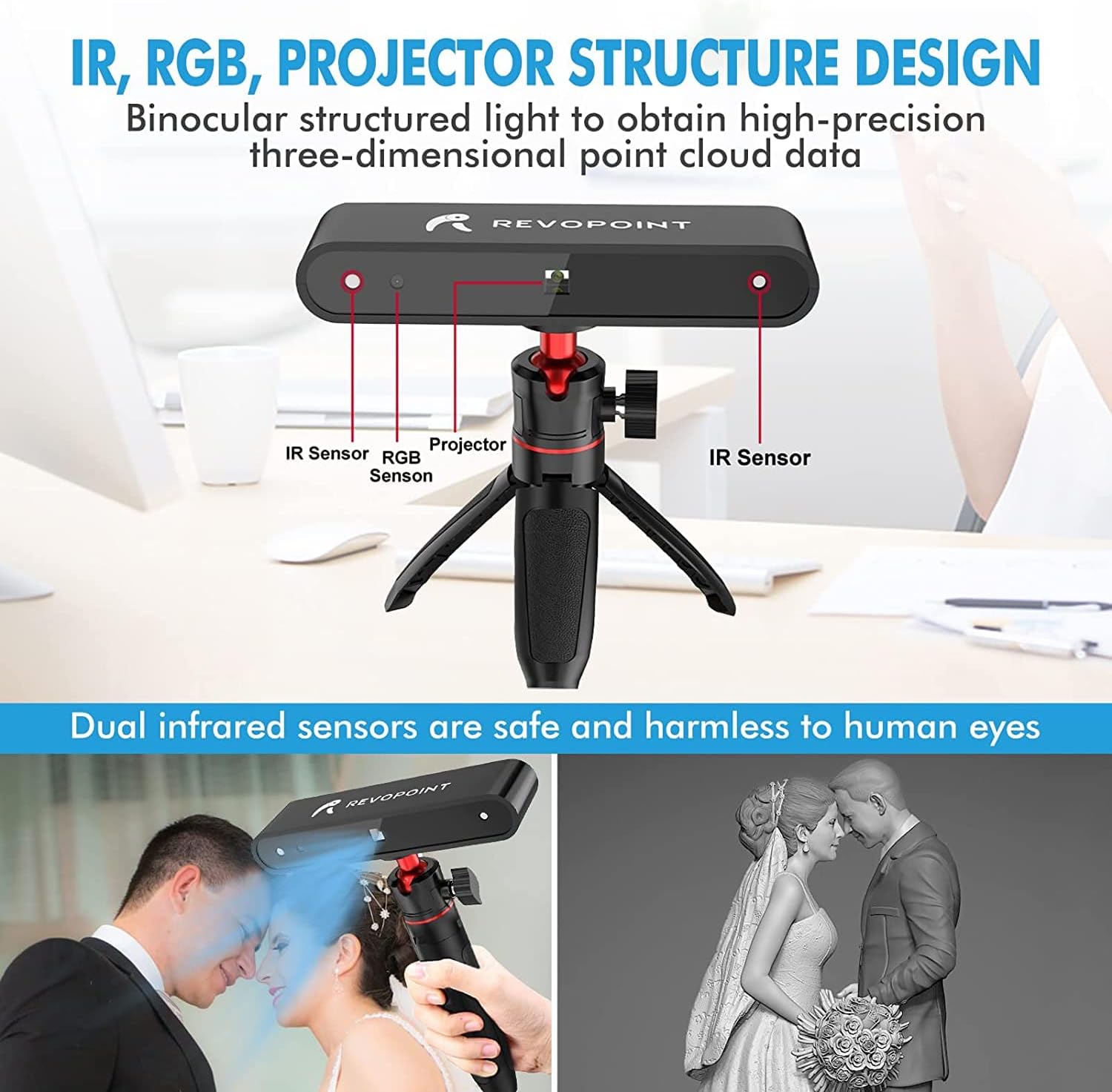 SUNWOW POP 3D Scanner, 0.3mm 8Fps 3D Printer Scanner with Tripod, Handheld and Fixed Scanning Modes for Human Face Body and Color Texture Scanning, Support Android, Windows, iOS and Mac OS, A1