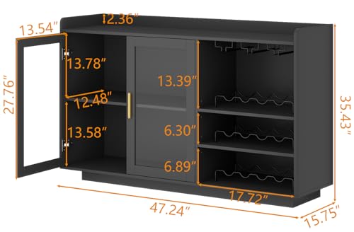 Loomie Wine Bar Cabinet with LED Lights, Floating Coffee Bar with Glass Rack and Removable Wine Racks, Modern Buffet Sideboard with Storage Shelves, Kithchen Bar with Glass Cabinet Doors, Black