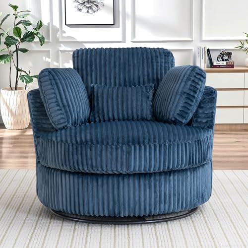 Chair and A Half with Ottoman, 360° Swivel Accent Barrel Chair Modern Comfy Round Reading Sofa Swivel Chairs Circle Lounge Chair for Bedroom Living Room w/4 Pillow Lower Seating Heigh (White, Large)