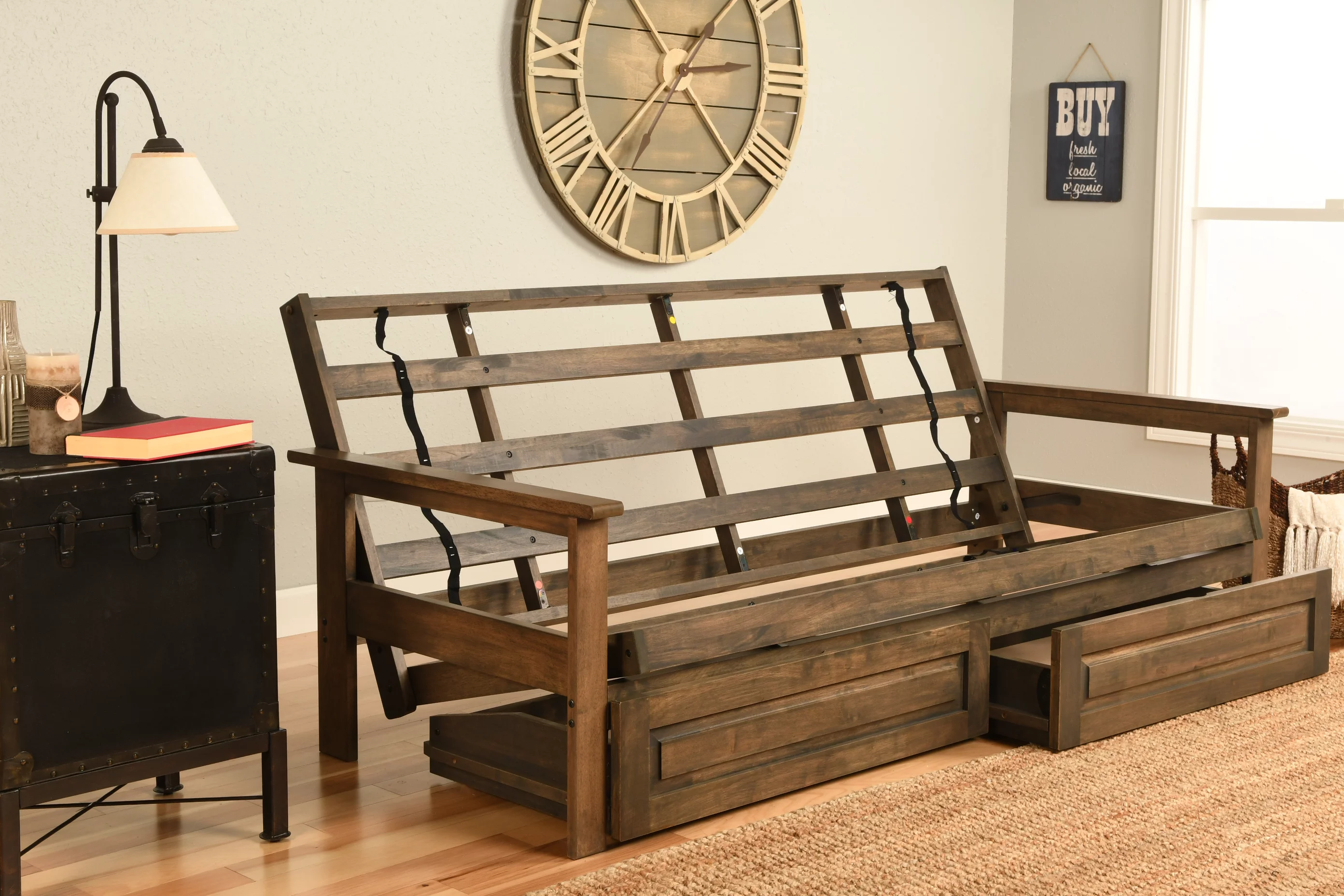 Albany Futon with storage in Rustic Walnut Finish, Multiple Colors