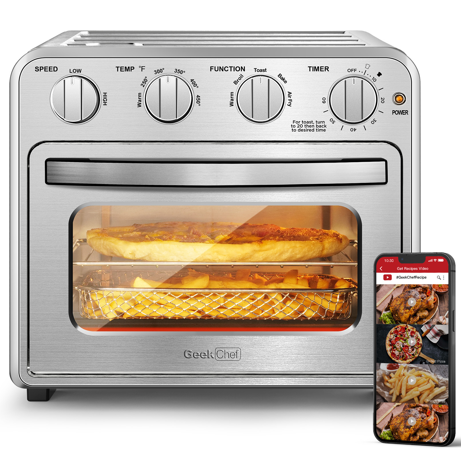 Air Fryer, 6 Slice 26QT/26L Air Fryer Fry Oil-Free, Extra Large Toaster Oven Combo, Air Fryer Oven, Roast, Bake, Broil, Reheat, Convection Countertop Oven, Accessories Included, Stainless St