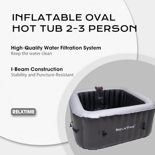 Inflatable Hot Tub 2-3 Person 110 Air Jets, Portable Blow Up Hottub with Cover, Built in Heater Pump, Square Outdoor Spa, Cup Holder, 2 Filters, Black