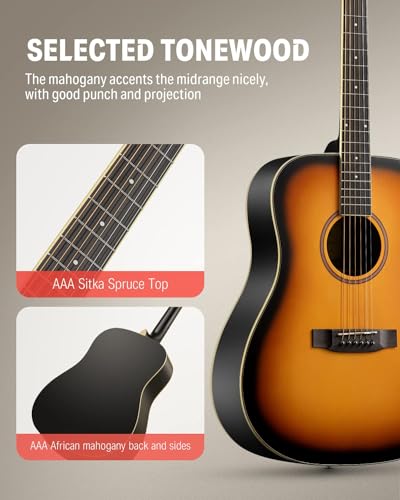 Donner 41'' Full Size Acoustic Guitar - Complete Beginner Kit for Adults, Teens with Free Online Lesson, Dreadnought Acustica Guitarra Bundle Set with Gig Bag, Strap, Tuner, Pickguard, Black DAG-1B