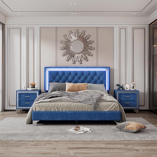 Modern 3-Pieces Bedroom Sets, Queen Size Upholstered Platform Bed with Crystal Tufted Headboard and 2 Nightstands, Sturdy Slats Support for up to 700lbs (Grey-3vs)
