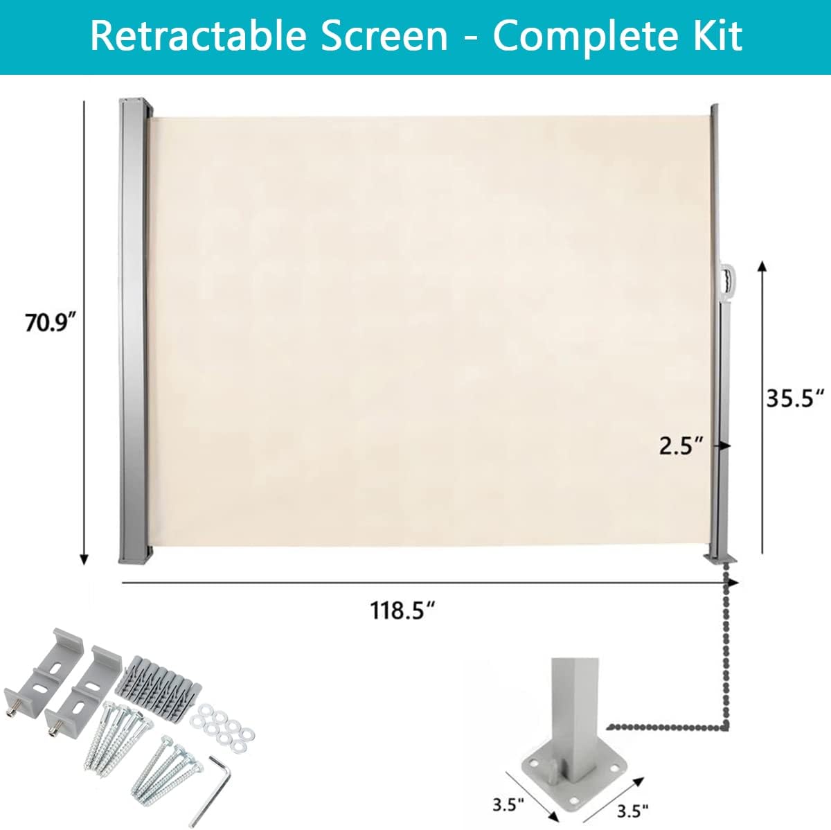 Nisorpa Retractable Privacy Screen 71'' H x 118'' L Patio Side Awning Standing Sun Shade Outdoor Side Pull Out Awning for Balcony Garden Patio Camping Privacy Divider Blind Waterproof Beige