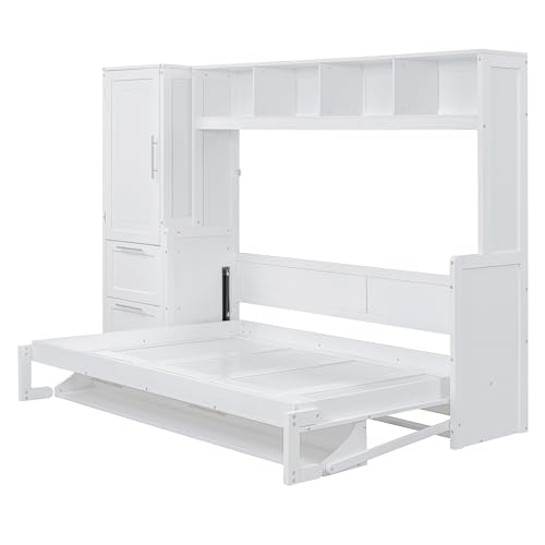 P PURLOVE Full Size Murphy Bed,Solid Wood Cabinet Bed,Folding Murphy Wall Bed with Closet and Drawers,White