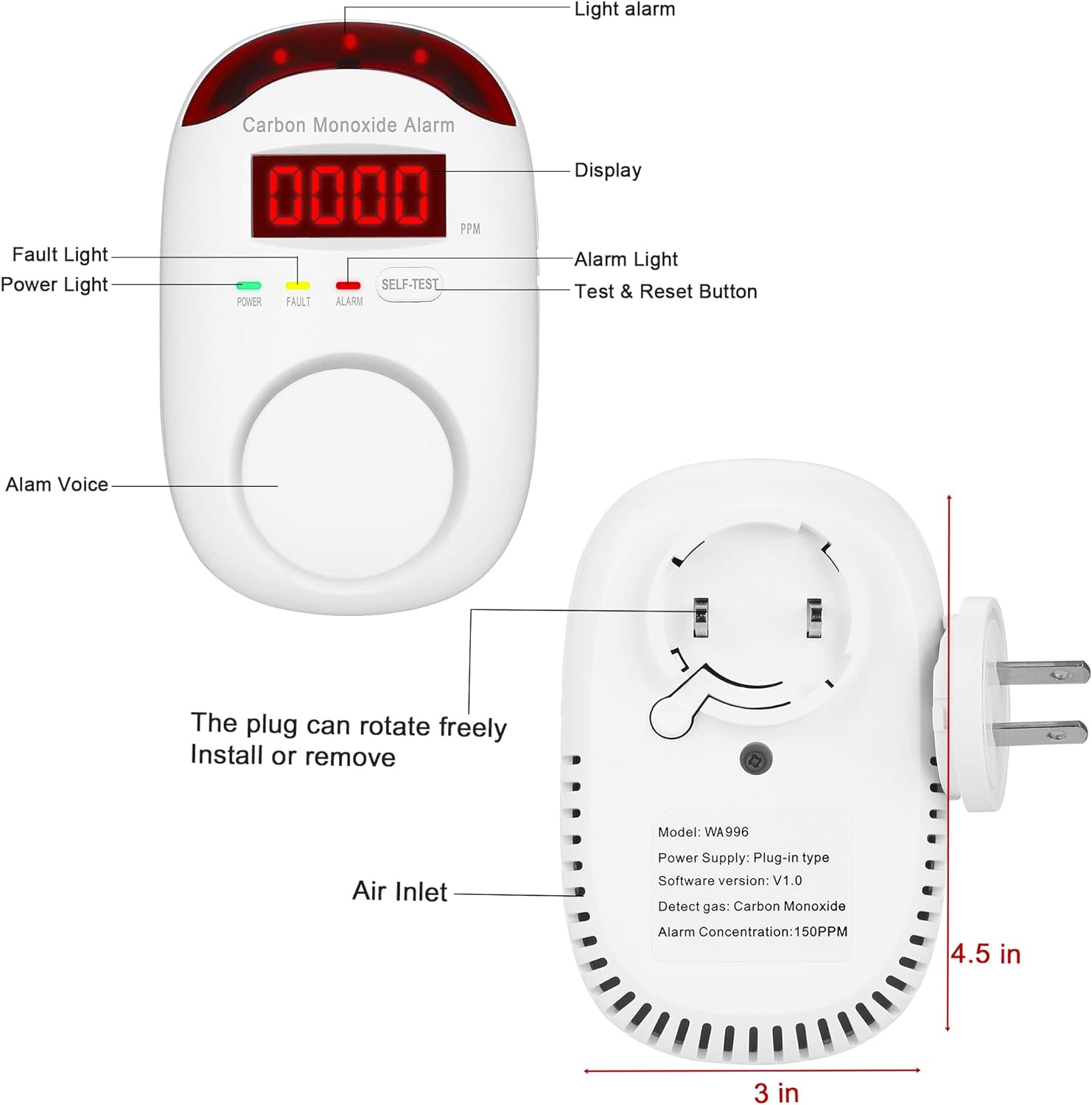 Plug-in Carbon Monoxide Detectors,Koabbit CO Level Monitoring Alarm with Light & Digital Display for Home/Kitchen/Bedroom,Accurate & Easy to Install,UL2034(2 Pack)