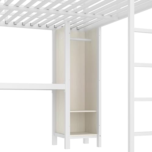 Linique Metal Loft Bed with Wardrobe & L-Shaped Desk - Sturdy Space-Saving Loft Bed Includes Storage Cubes, Shelves for Kids, Teens, Adults (White, Queen)