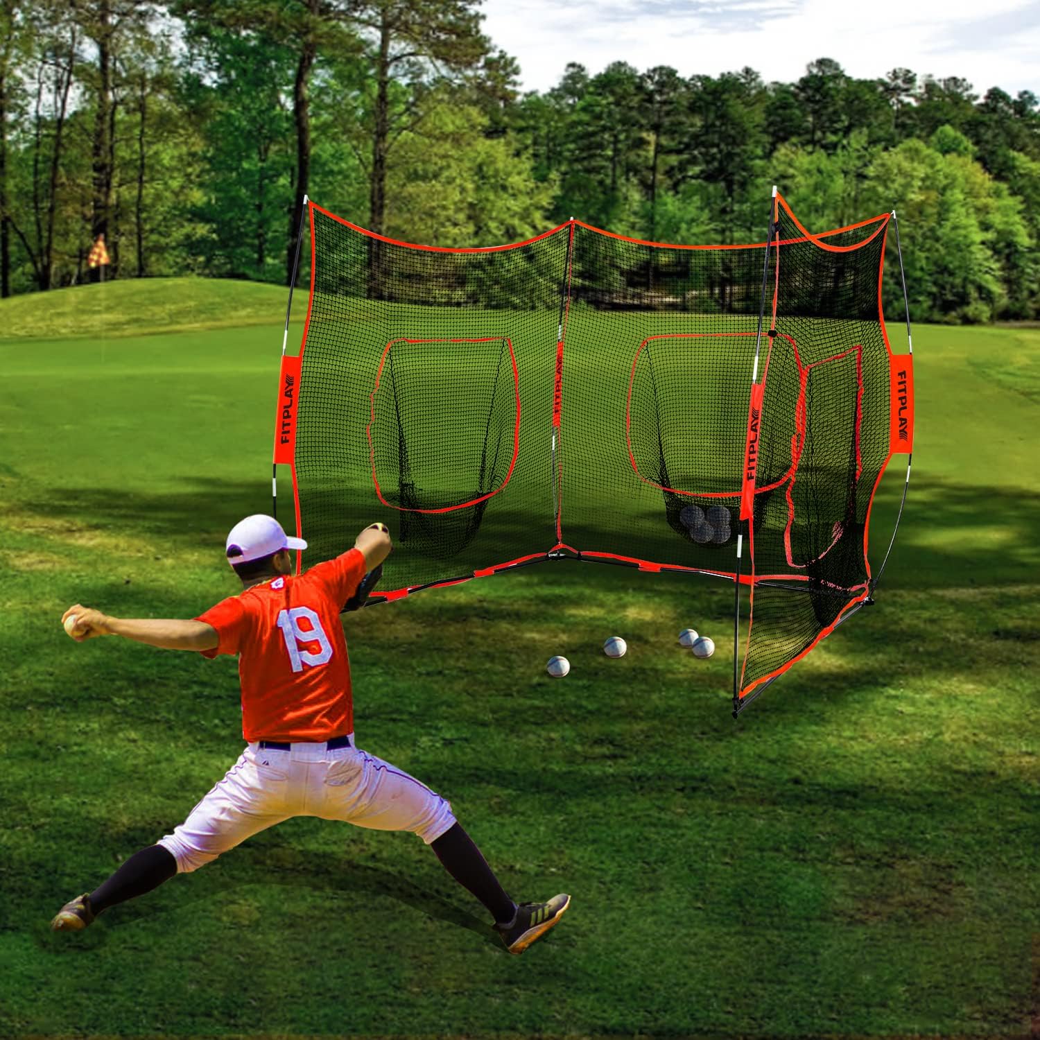 3 in 1 Baseball Softball Practice Net FITPLAY Triple Baseball Training Net 3 Way 7' x 7' Baseball Net for Hitting and Pitching, Batting and Catching, Baseball Backstop Softball Practice Nets