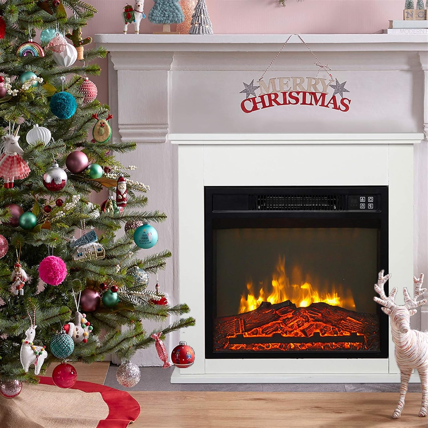 Electric Fireplace - 24.8 Inch White Wood Fireplace Cabinet with Mantel Package Freestanding Fireplace Heater , Fireplaces Stove Heater with Auto-Shutoff,Overheat Protection and Remote Control