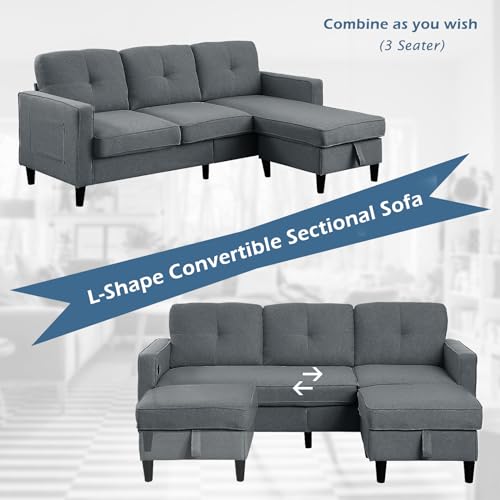 Sectional Sofa for Living Room 76inch Small Space Couches 3 Seater Sofa L shaped Chaise Loveseat Linen Fabric Comfy Couch Chairs with Reversible Ottoman Bench for Home, Apartment, Dorm, Office (Grey)
