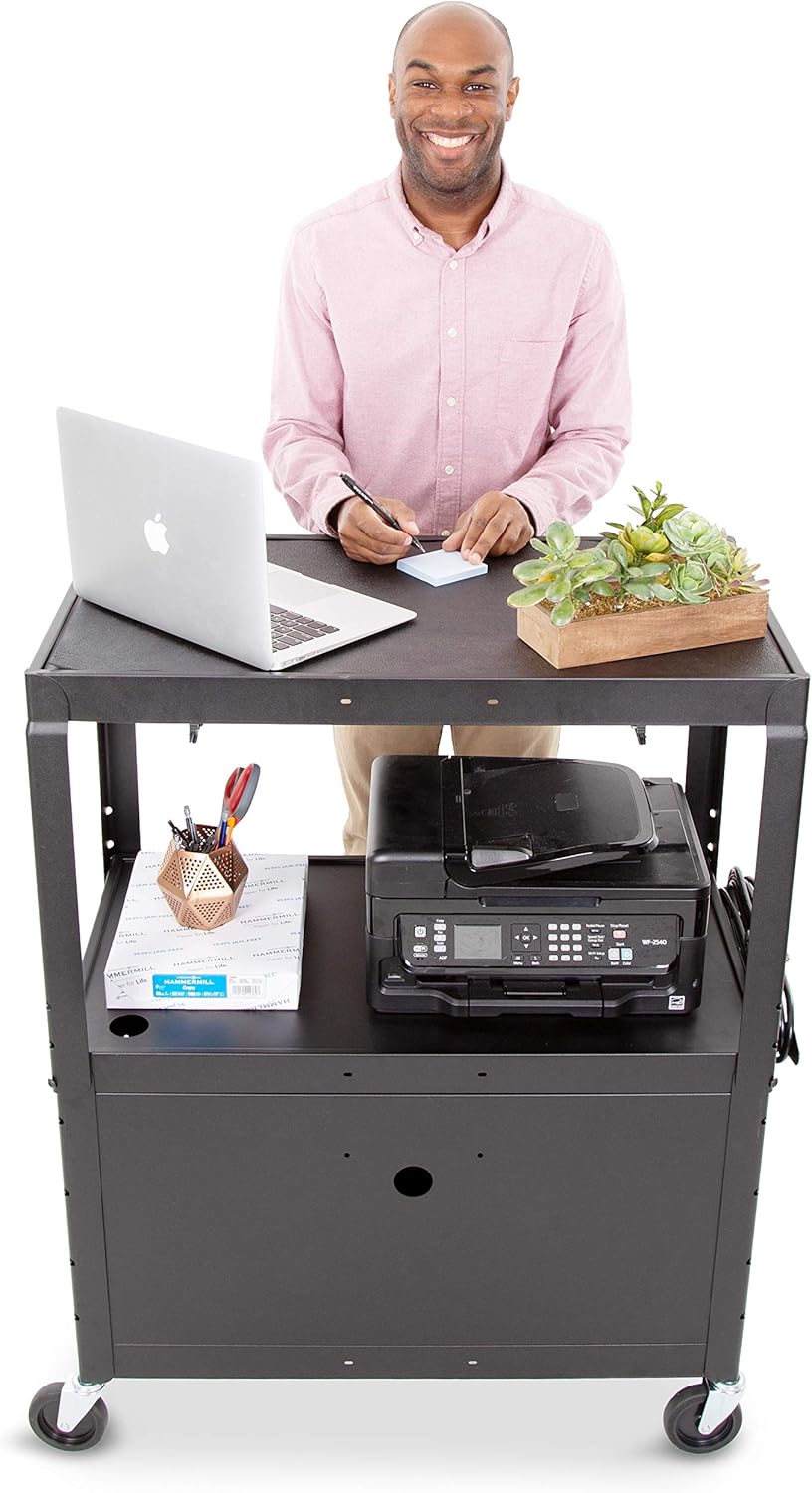 Line Leader Large AV Cart with Locking Cabinet | Height Adjustable Utility Cart | Includes Pullout Keyboard Tray & Cord Management | Easy Assembly (32in x 18in x 42in / Black)