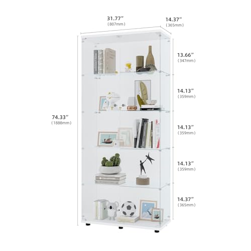 4-Tier Glass Display Cabinet, Double Door with Locks, 31.5" x 14.2" x 66.3", White, Floor Standing, for Living Room, Bedroom, Showroom, Office