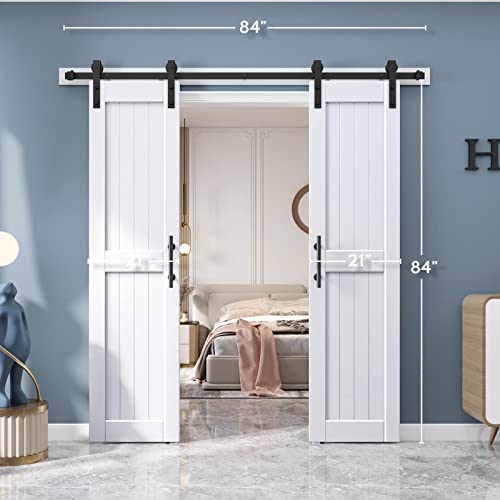 EaseLife 54 x 84 inch White Barn Door with 9FT Sliding Door Hardware Kit Included & Handle,Solid Wood Covered with Waterproof PVC Surface,DIY Assemblely,Easy Install,H-Frame,Fit 50-52in Wide Opening
