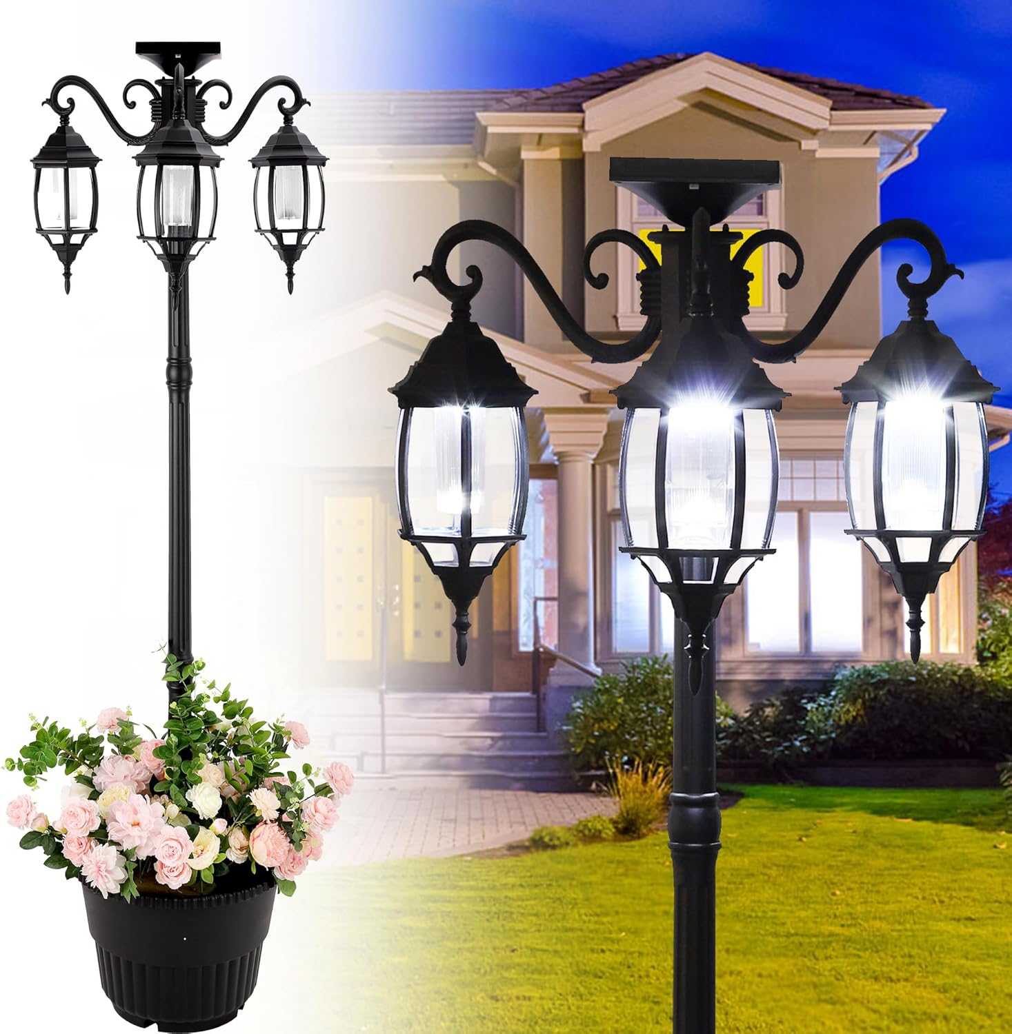 Solar LED Lamp Post and Planter with Three Outdoor Solar Lights, Black Finish, for Garden, Patio, Porch, and Yard by Sun-Ray