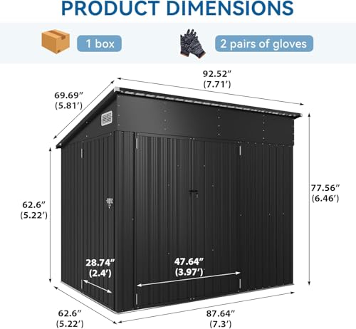 8'x4' Shed Galvanized Steel Storage Sheds with Triple Doors Weatherproof Outdoor Utility Sheds, Dual Lock Lean to Shed with Sloped Roof for Mower, Bike, Generator, Garden Tools (Black)