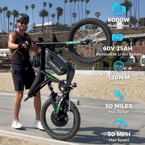 50MPH 6000W / 40MPH 3000W Electric Dirt Bike for Adults, 60V 25Ah Removable Battery Electric Motorcycle Up to 50miles, 24.5" MTB Tires (Rim 19'') E Moto, All Terrain E Bike Full Suspension