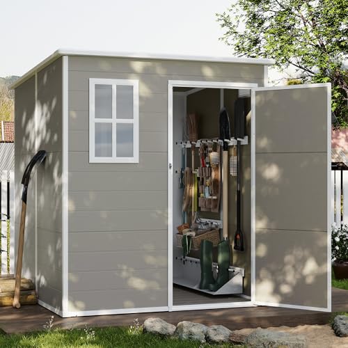 UDPATIO Outdoor Storage Shed 6 x 6 FT, Resin Garden Sheds with Floor Plastic Patio Outdoor Storage Shed with Lockable Door for Tool, Bike, Garbage Gray White