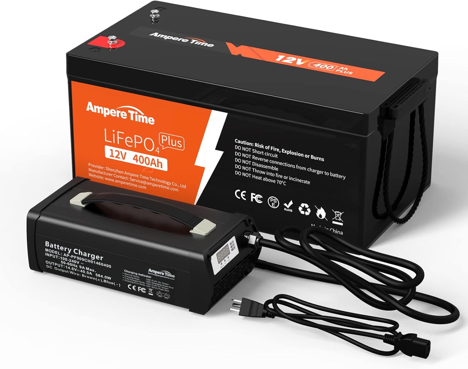 Ampere Time 12V 200Ah LiFePO4 Battery with 14.6V 20A Dedicated Lithium Battery Charger; Built-in 200A BMS, 4000+ Cycles, Perfect for RV, Solar, Marine, Overland, Off-Grid Application��