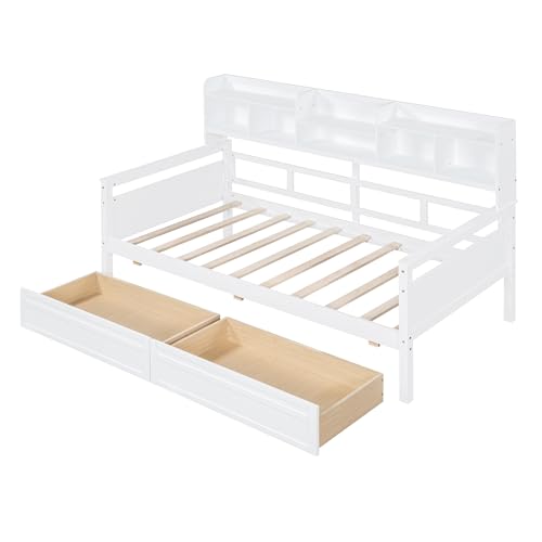 WADRI Multi-Functional Twin Size Daybed with Bedside Shelf and 2 Storage Drawers, Wood Daybed Sofa Bed Frame with Sturdy Slat Support for Office Living Room Bedroom, Easy Assembly (Gray-ss1)
