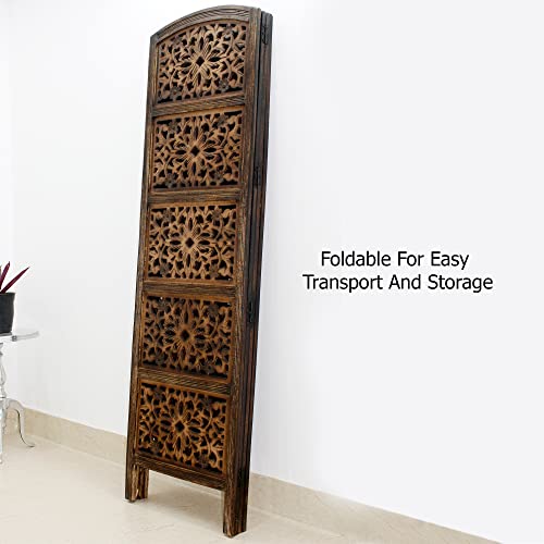 Room Divider Wood Screen - Ghanti Bells Antique Brown - 4 Panel Folding 72 x 80 - Assembled Hand Carved Decorative Functional Versatile Portable Partition Reversible Privacy Boho - COTTON CRAFT