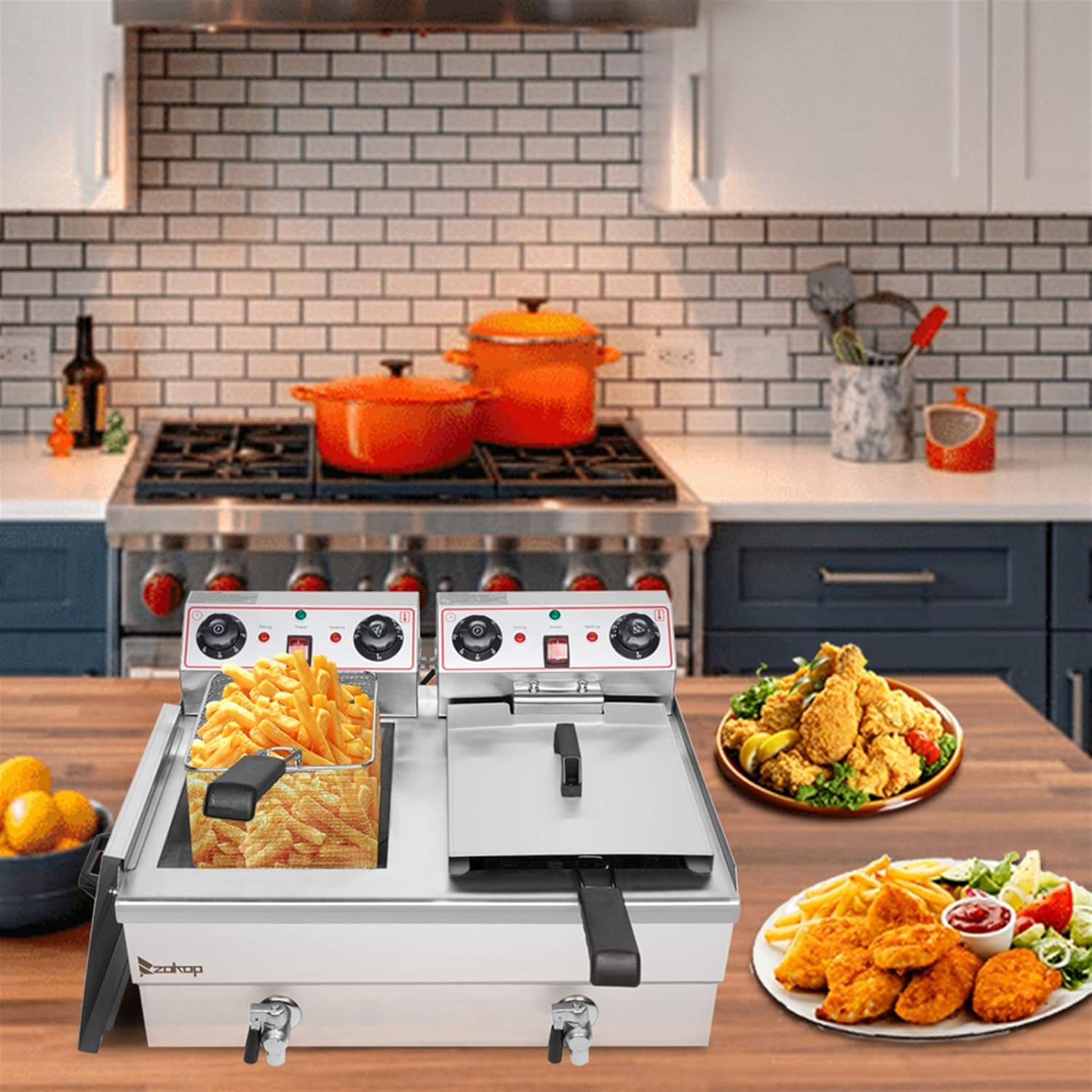 ZOKOP EH102V 16.9QT / 16L Total Capacity 24.9QT/23.6L Stainless Steel Faucet Double Tank Deep Fryer 3400W MAX(8L 8L Big Blue/Large Handle)