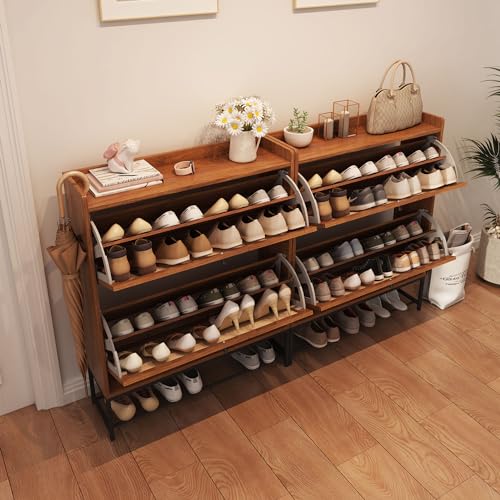 AVZEAR Shoe Cabinet, Shoe Cabinet Freestanding Tipping Bucket Shoe Rack Organizer with 3 Flip Drawers, Modern Entryway Narrow Shoe Rack for Entryway, Hallway, Bedroom (Natural)