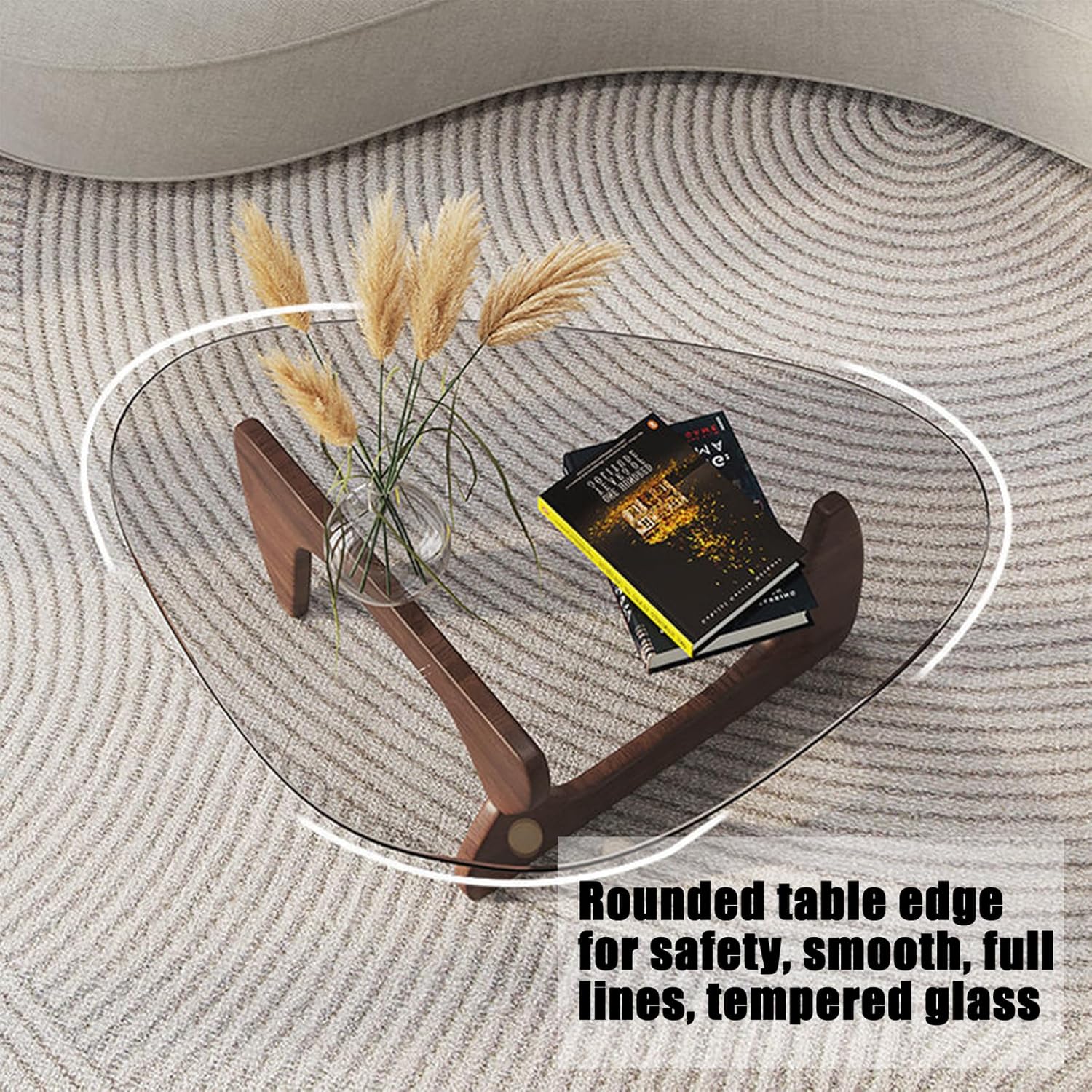 Triangle Glass Coffee Table-Mid-Century Modern End Table Solid Wood Base and Vintage Tempered Transparent Glass Top Coffee Tables Living Room Balcony (32.3 * 24 * 16in, Walnut Teal)