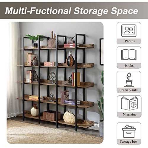 CALABASH Bookcases and Bookshelves Triple Wide 5 Tiers Industrial Bookshelf, Large Tall Bookcase Open Display Shelves with Metal Frame for Living Room Bedroom Library Home Office(Black)
