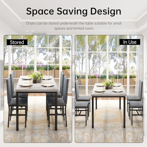 Hooseng Dining Table Set for 4- Space Saving Kitchen Table and Chairs for 4, Modern Style Faux Marble Tabletop & 4 PU Leather Chairs, Perfect for Dining Room,Breakfast Corner Small Spaces,Brown&White