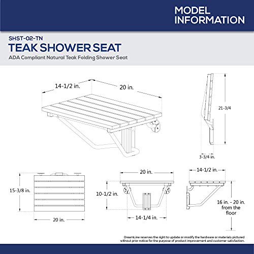 DreamLine SHST-02-TN Shower Seat, 20" W x 14" D, Teak