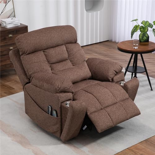 Light Grey Recliner Chair for Elderly | Tall and Big Man 400lbs | Chenille | Power Lift, Lay Flat, Stand Up, Wireless Charging Device, Extended Footrest, Massage Heat, Cup Holder, Lumbar Pillow