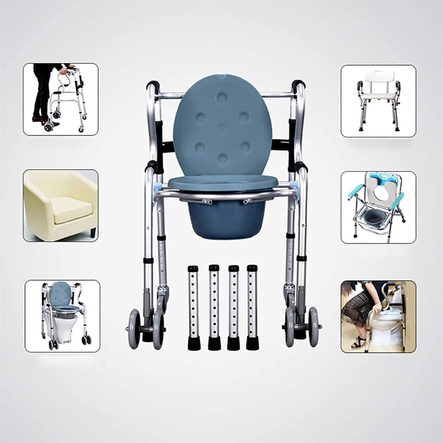 KOHARA Mobile Wheeled Commode Chair, Adjustable Height Mobile Commode Chair, WC Toilet Chair, Mobile Commode, Portable Bathroom Chair,Brakes