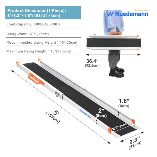 Ruedamann 6FT Adjustable Aluminum Wheelchair Ramp, 8.3" W, 600lbs Capacity,Portable Telescoping Non-Skid Surface Wheelchair Ramp for Home, Stairs, Steps