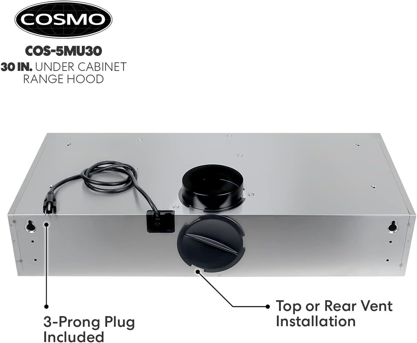 Cosmo COS-5MU36 36 in. Under Cabinet Range Hood Ductless Convertible Duct, Slim Kitchen Stove Vent with 3 Speed Exhaust Fan, Reusable Filter and LED Lights in Stainless Steel, 36 inch