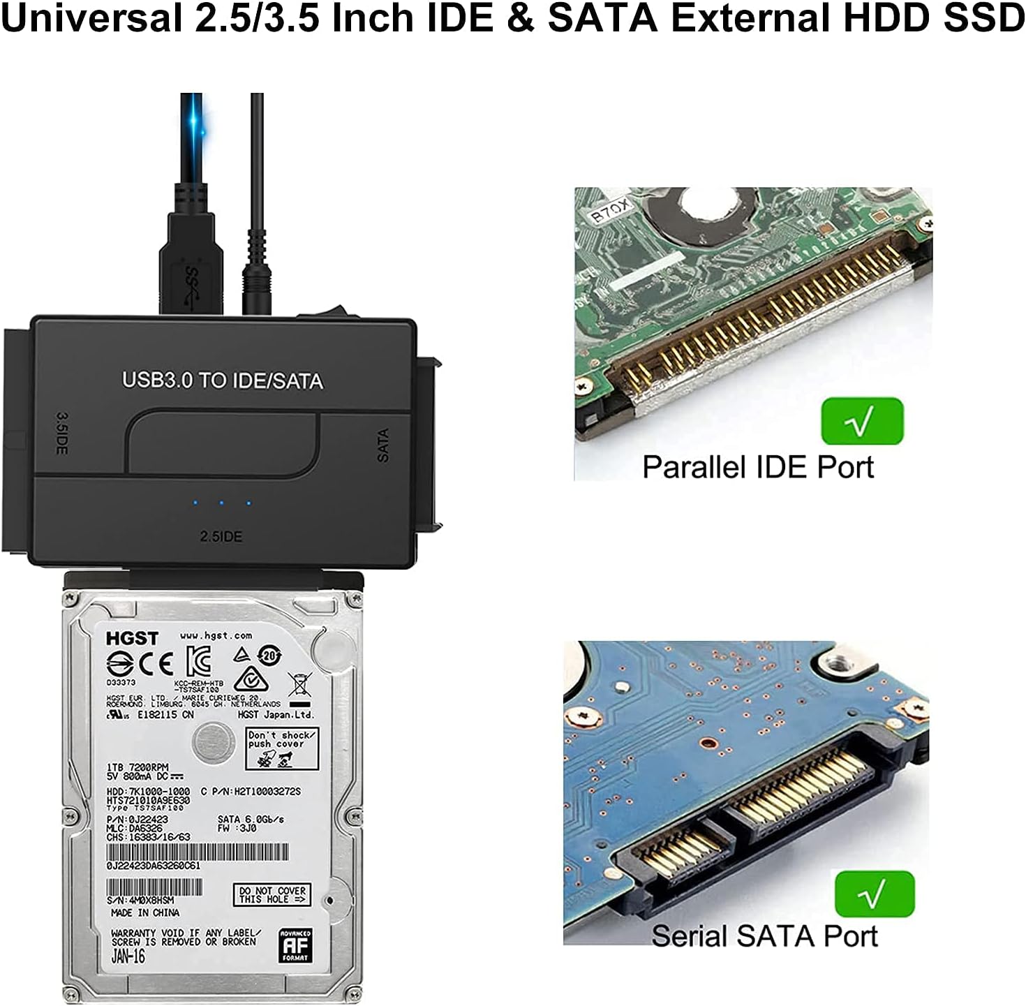 SATA/IDE to USB 3.0 Adapter, Hard Drive Adapter Converter for 2.5 3.5-Inch IDE SATA External HDD SSD, Universal Hard Drive Reader Cable Support 6TB with 12V 2A Power Supply Pack of 2