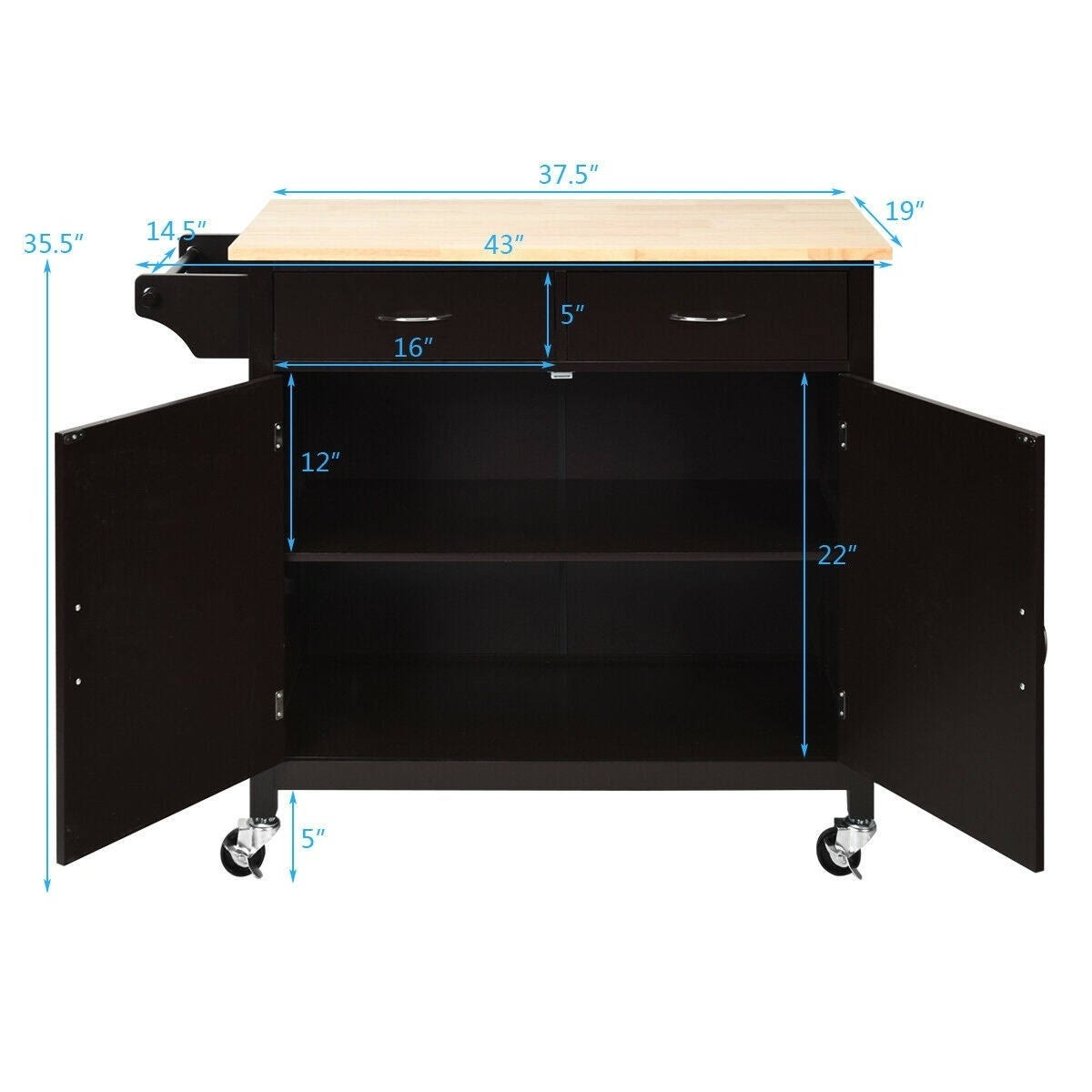 Modern Rolling Kitchen Cart Island with Wooden Top - White