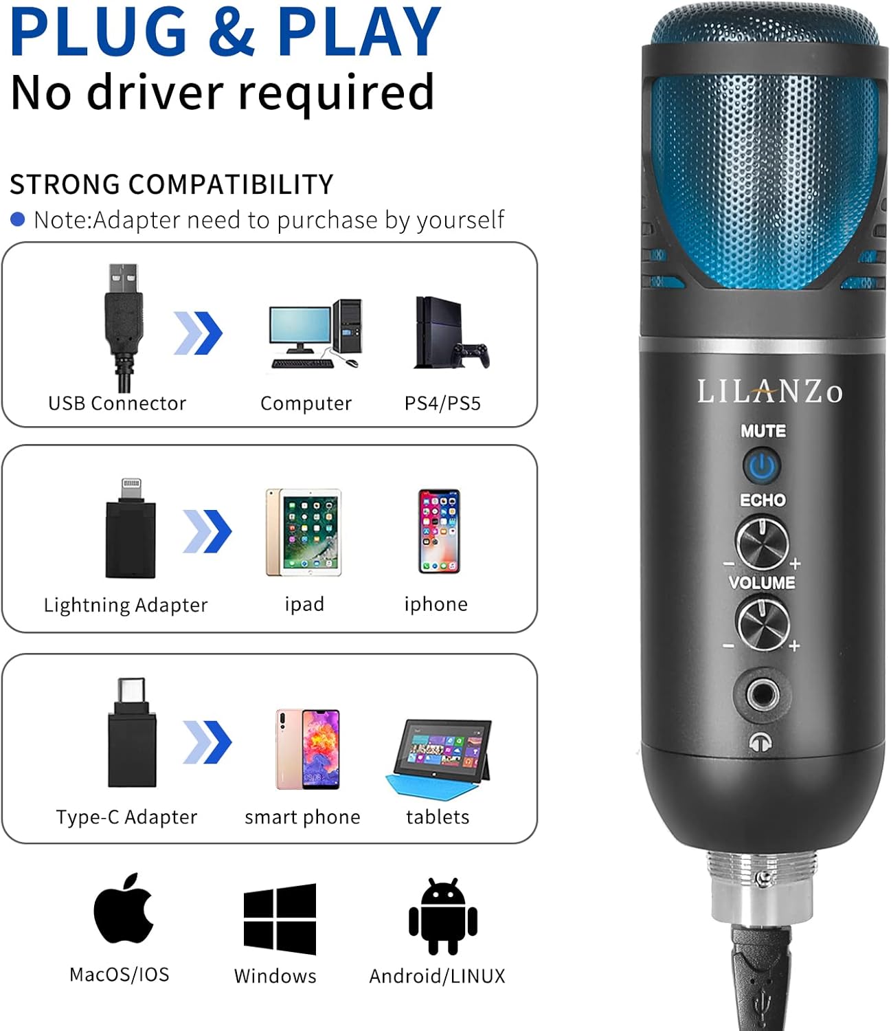 USB Condenser Microphone Cardioid Microphone Kit Plug and Play Streaming Podcast Professional Mic Kit for Karaoke, YouTube, Voice Over, Gaming Pack of 2