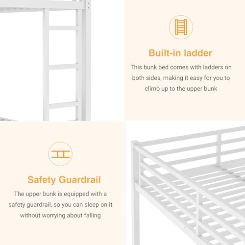 Twin XL Over Twin XL Bunk Bed, Metal Bunk Bed Frame Heavy Duty Bunk Beds Loft Bed Frame with Ladder and Guardrail Metal Slats No Box Spring Required for Adults Teens, Black