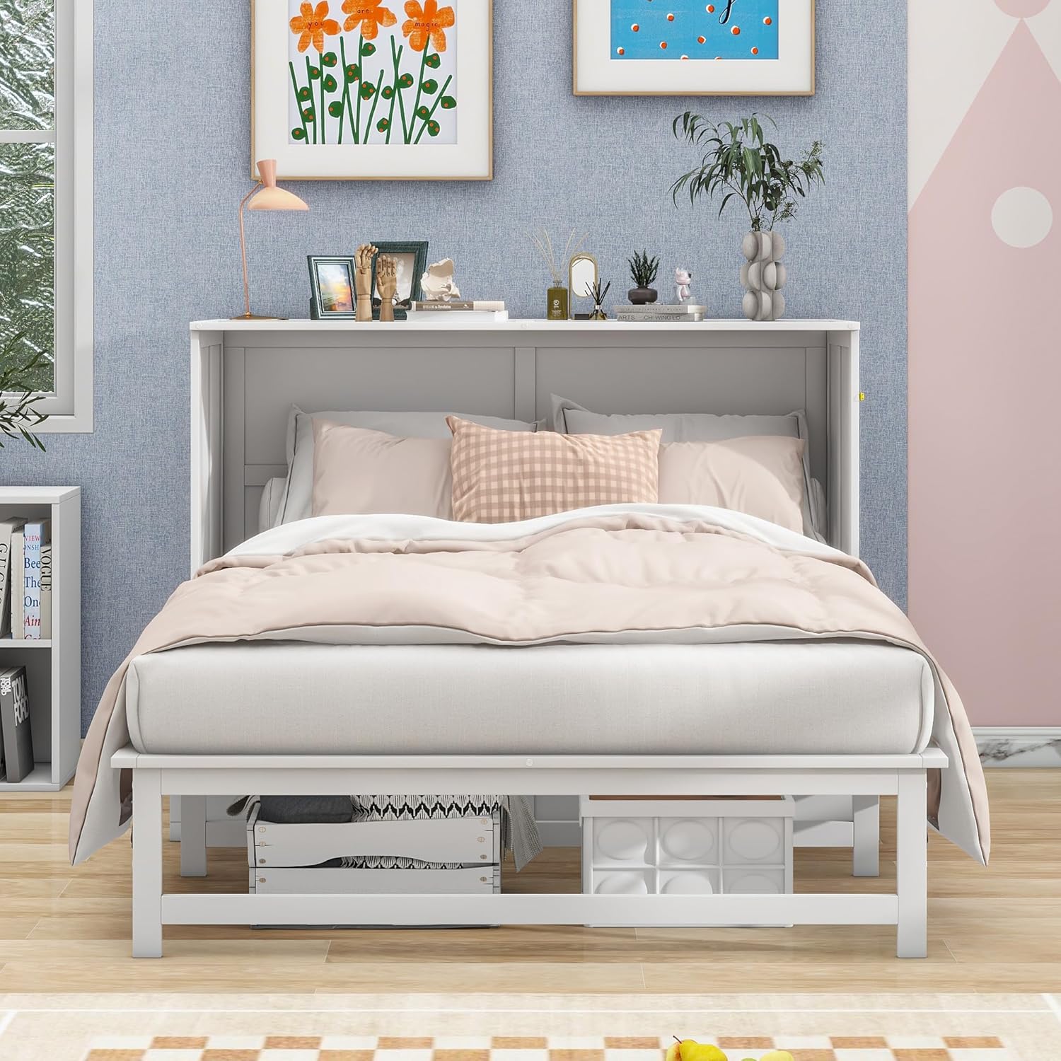 Queen Murphy Bed Chest with Charging Station, Wood Murphy Cube Cabinet Bed with a Shelf/Desk for Guest Room or Home Office, White