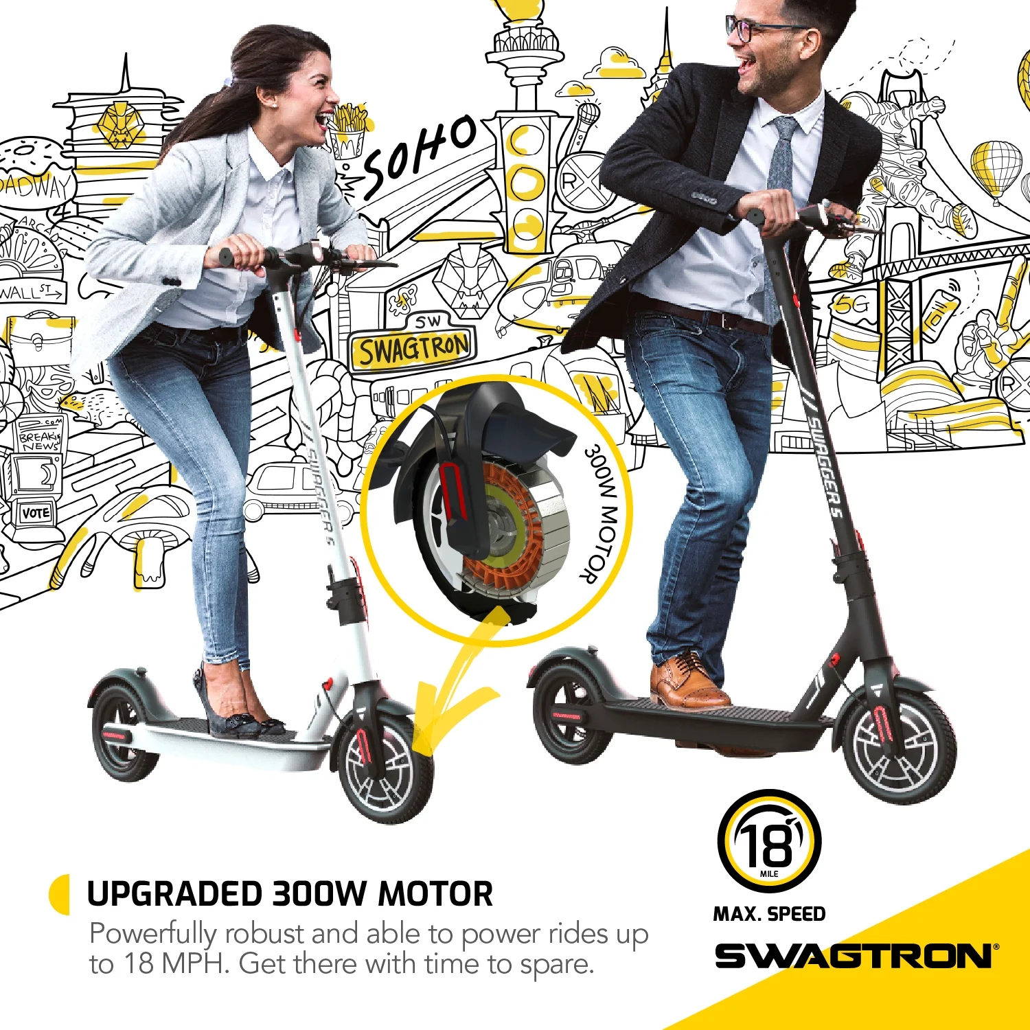 Swagtron Adult Electric Scooter Swagger 5 Boost, 320 lb Weight Limit, 8.5 Inch No-flat Tires, 300W Motor, Quick Folding, 18 Mph, UL 2272 Certified, Long Range