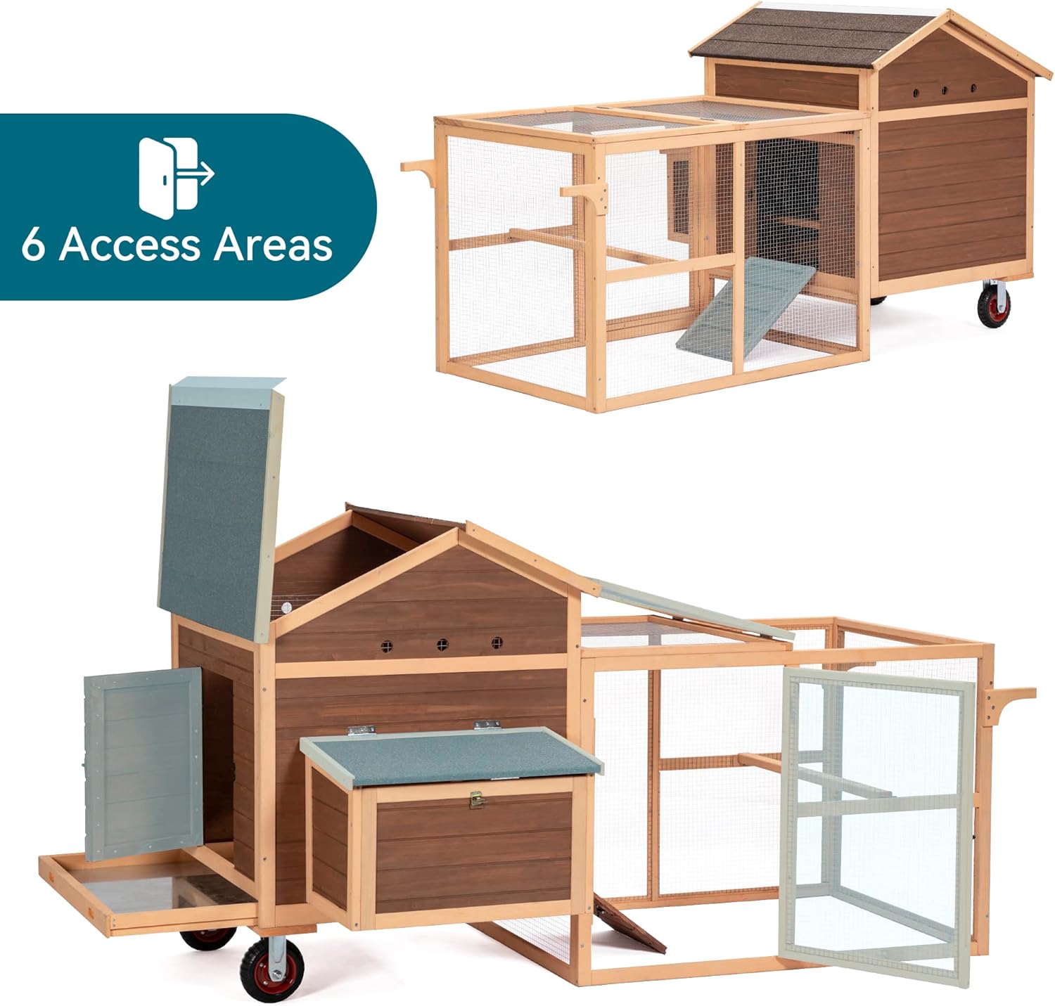 81”L Movable Chicken Coop with Wheels for 4-6 Chickens, Outdoor Chicken Coop with Run and Nesting Box Wooden Duck House Poultry Cage Chicken Hutch with Ramps for Hens Ducks and Rabbits
