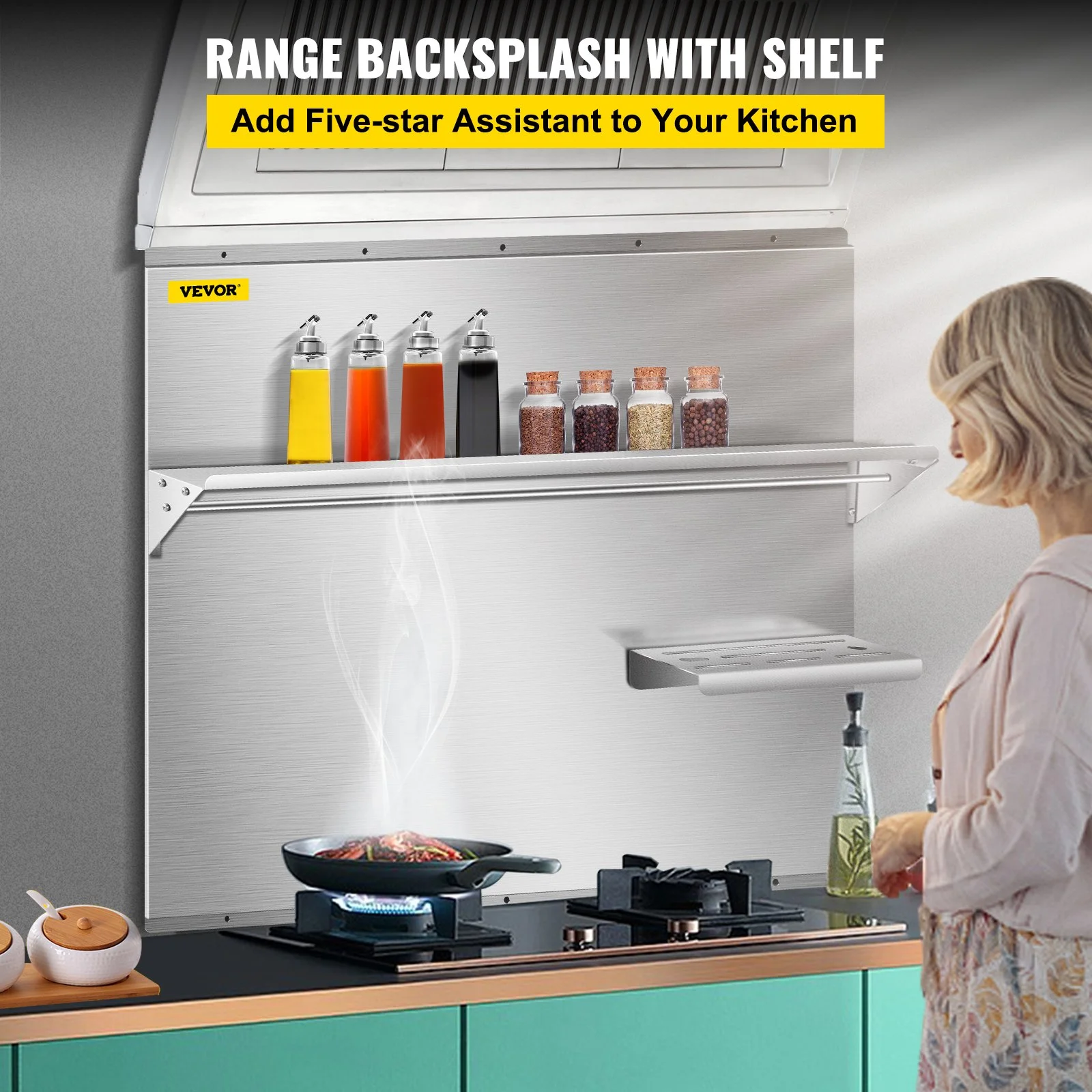 Vevor  36 x 30.7 in. Range Backsplash with Shelf Range Hood Wall Shield, Stainless Steel Backsplash Silver Splash Plate