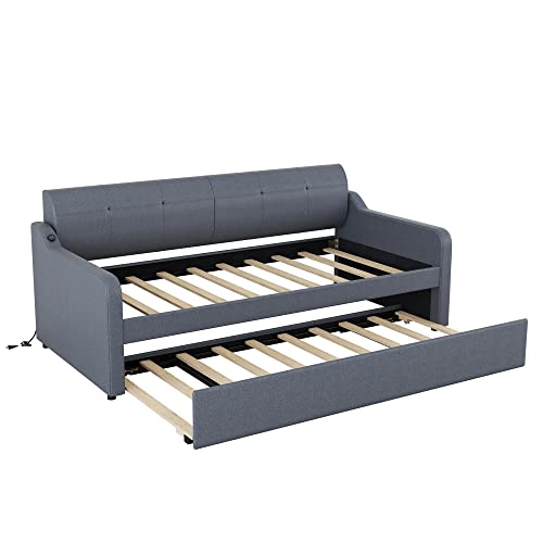 Harper & Bright Designs Twin Size Day Bed with Pop up Trundle Upholstered Day Beds with USB Charging, Wood Twin Bed Frame for Kids, Teens and Adults Trundle can be Flat or erected (Grey)