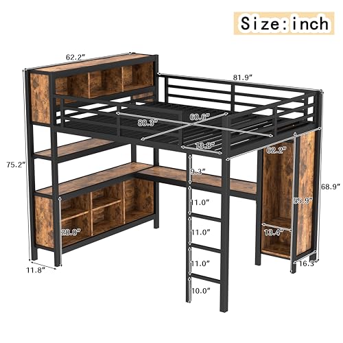 Linique Metal Loft Bed with Wardrobe & L-Shaped Desk - Sturdy Space-Saving Loft Bed Includes Storage Cubes, Shelves for Kids, Teens, Adults (White, Queen)