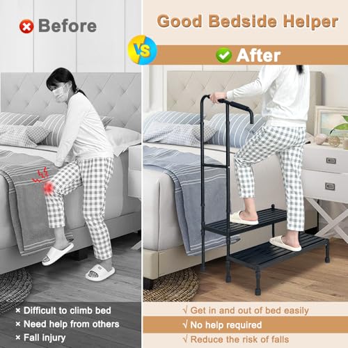 Bed Step Stool with Handle Medical Bedside Stairs for High Beds Adults Stepping Stool Assist Rail Adjustable Wide Platform Step for Elderly Seniors Handicap Mobility Two Step Stool Ramp