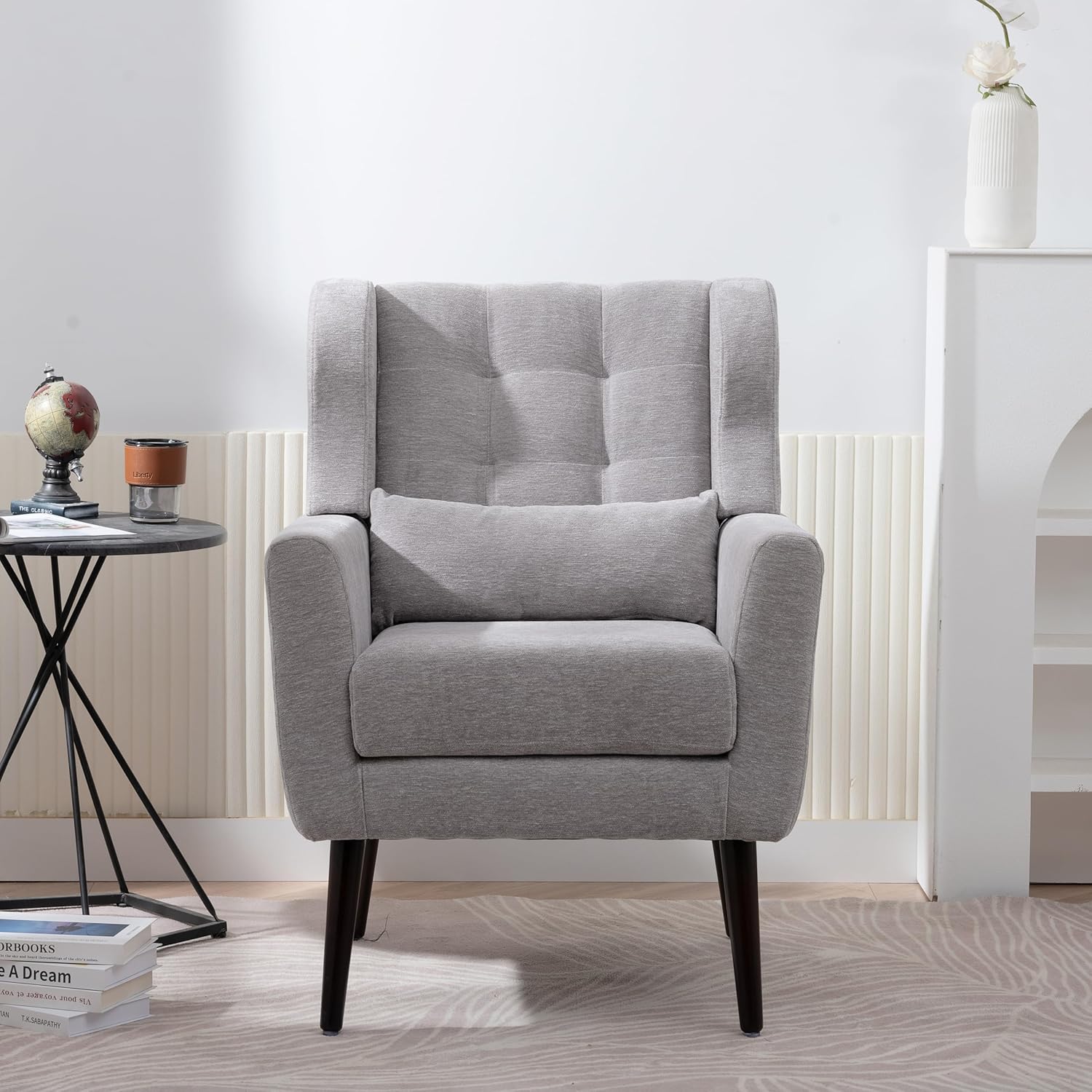 Modern Accent Chair,Chenille Arm Chairs for Living Room,Upholstered Mordern Armchair,Comfy Soft Padded Lounge Chair in Small Space, Bedroom, w/Pillow, Solid Wood Leg